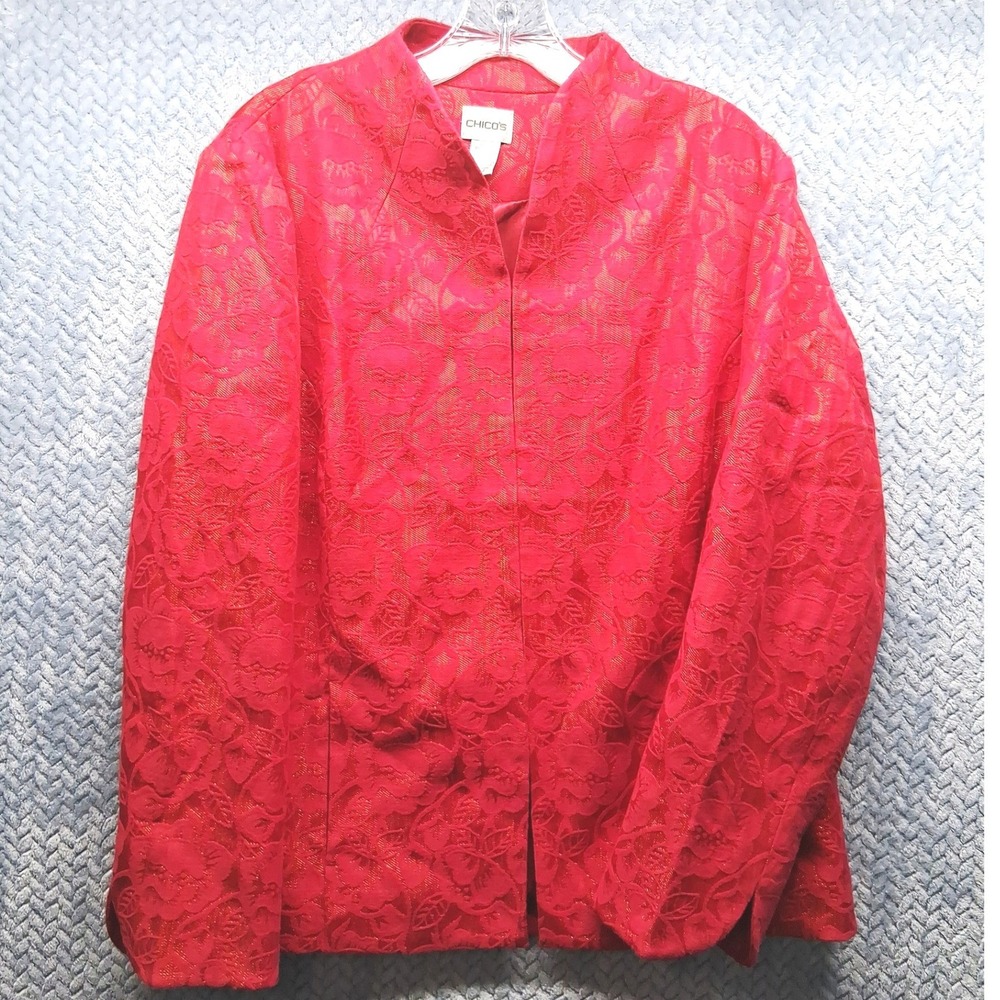 Chicos Red Floral Jacquard Metallic Blazer Jacket Mandarin Collar Size 2 Large
